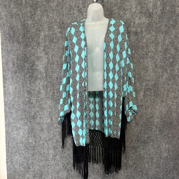 Democracy Kimono Cardigan Women XL Turquoise Black Diamond Pattern Fringe Boho - Picture 1 of 8